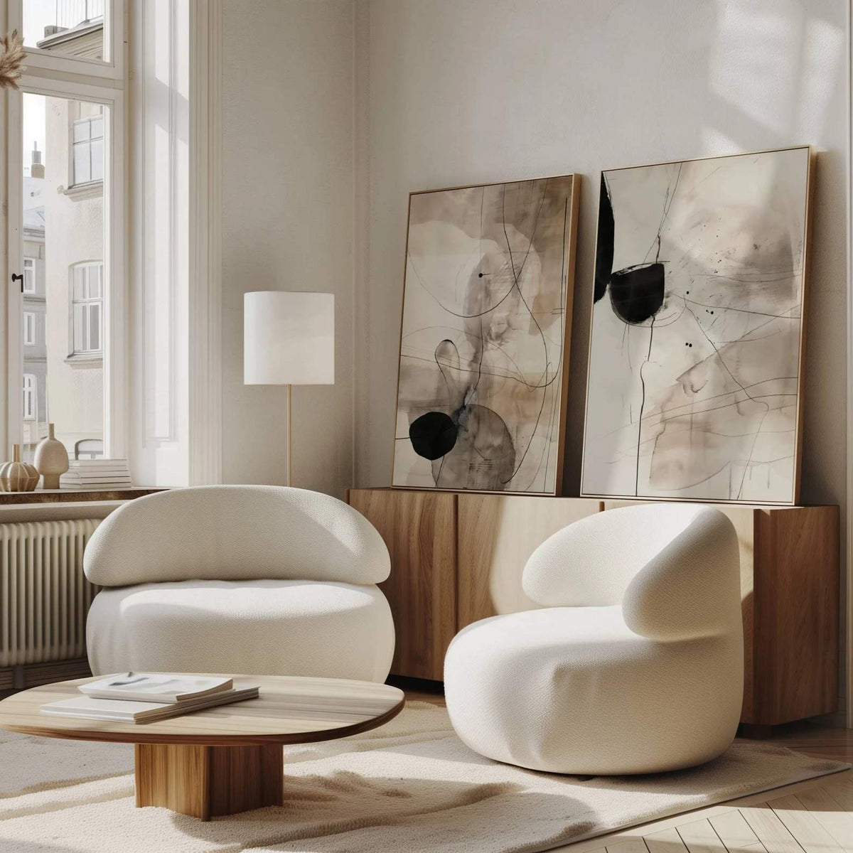 Neutral wall art in a calm living room