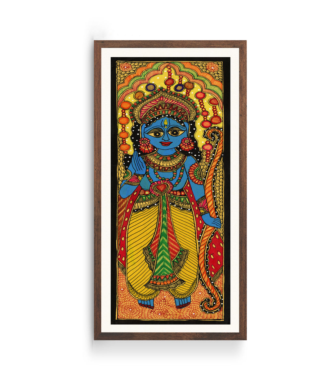 Multicolor - God Krishna on Kaliya Naag Handpainted Madhubani Painting by Hira Devi (22 x 30 in )