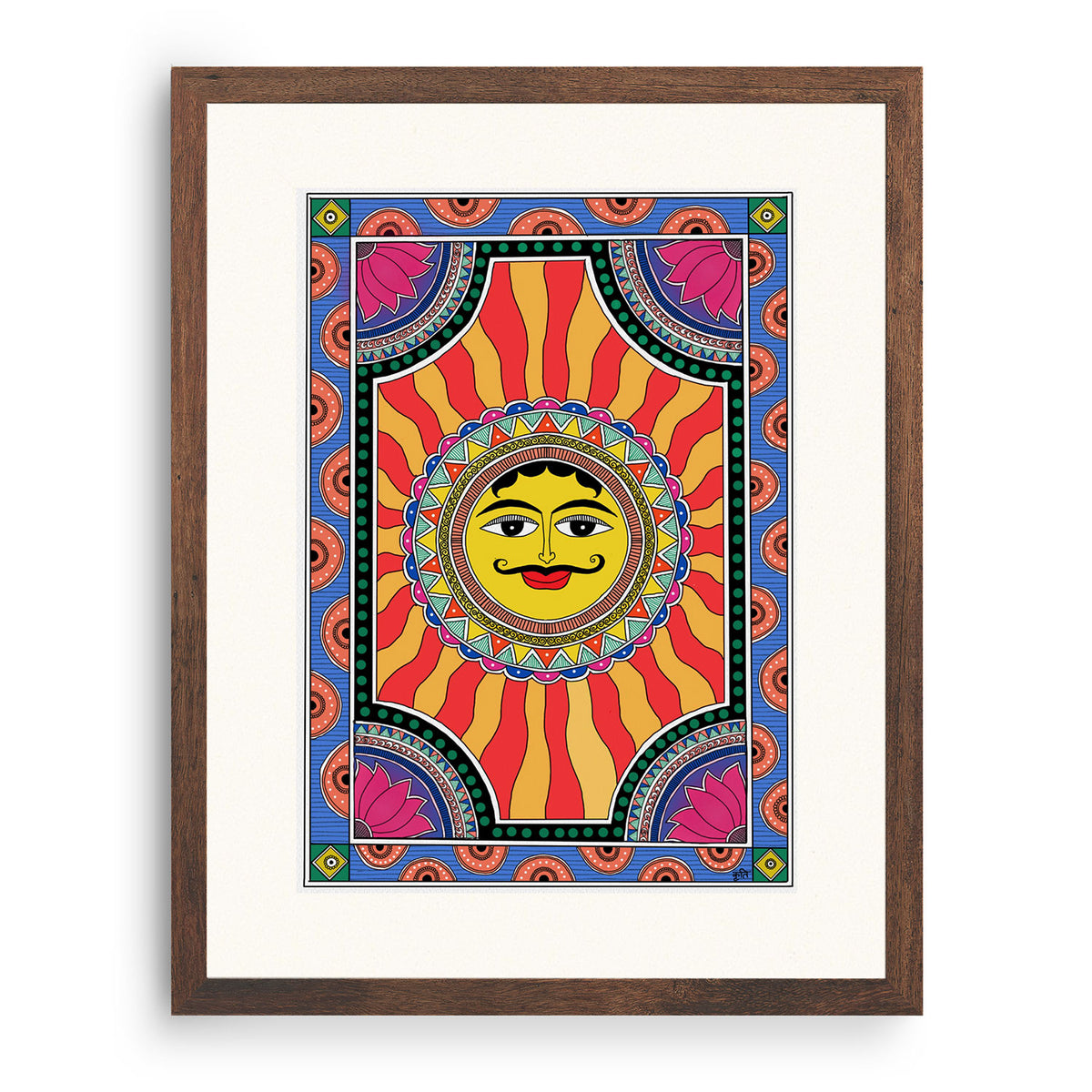 Multicolor - Surya Bhagwan Handpainted Madhubani Painting by Hira Devi (14 x 11 in)