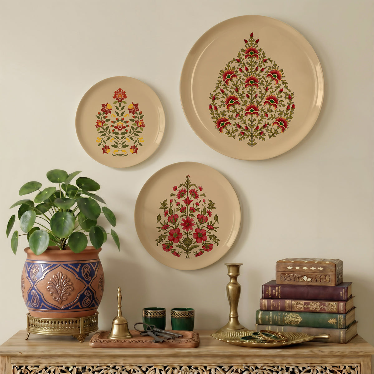 Mughal Floral Wall Decor Plate, Set of 3, Art Plate Set