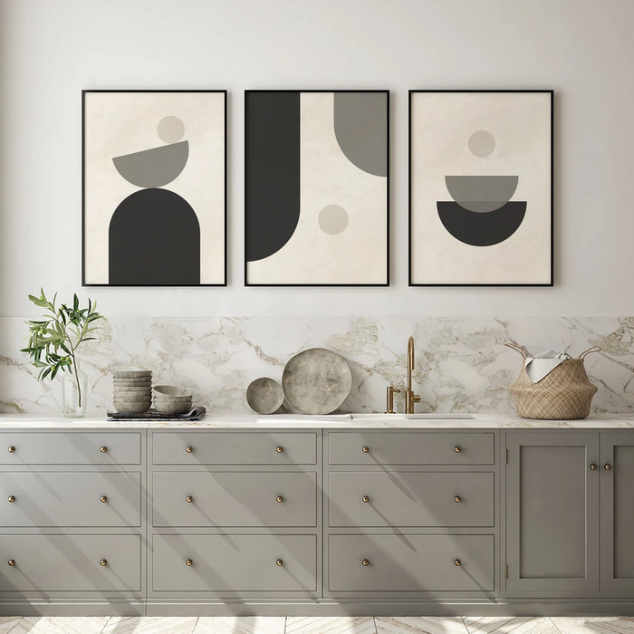 Set of 3 Mid Century Modern Wall Art, Neutral Abstract Geometric, Black Gray Abstract Art Set, Boho Art
