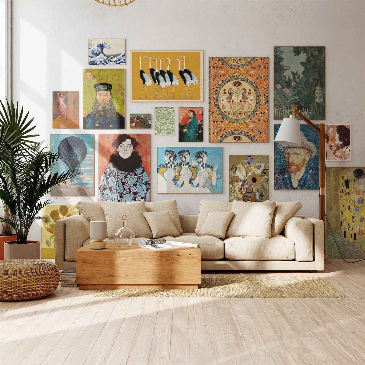A styled gallery wall of framed prints