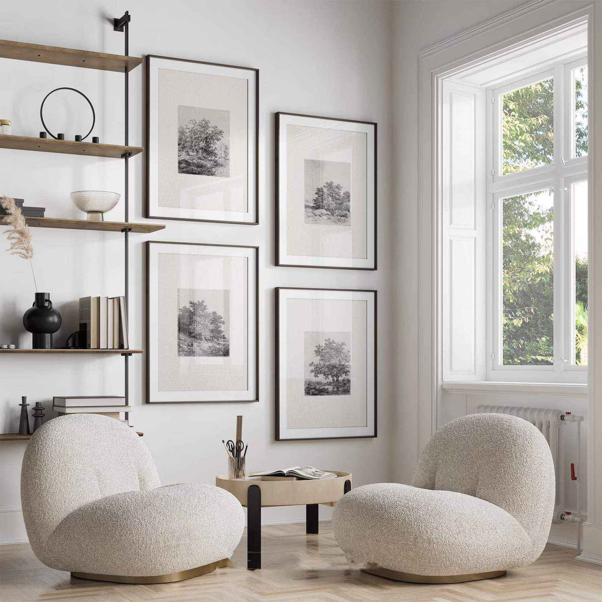 A home office with framed wall art