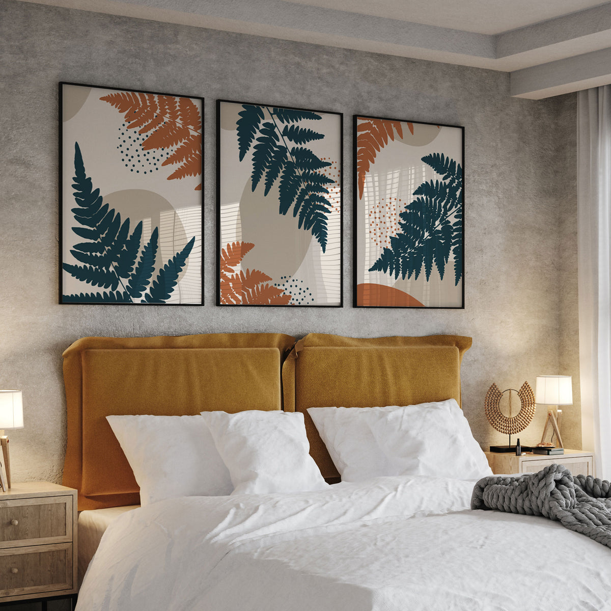 Abstract Botanical Plant and Leaves, Set of 3, Set of Three Paintings