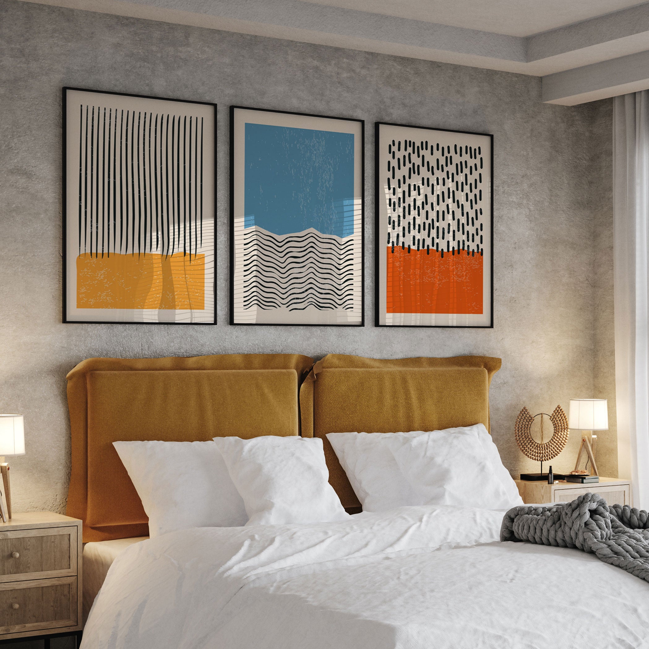 Yellow Blue Wall Painting, Abstract-Geometry-02 Art Set of 3, Modern A ...