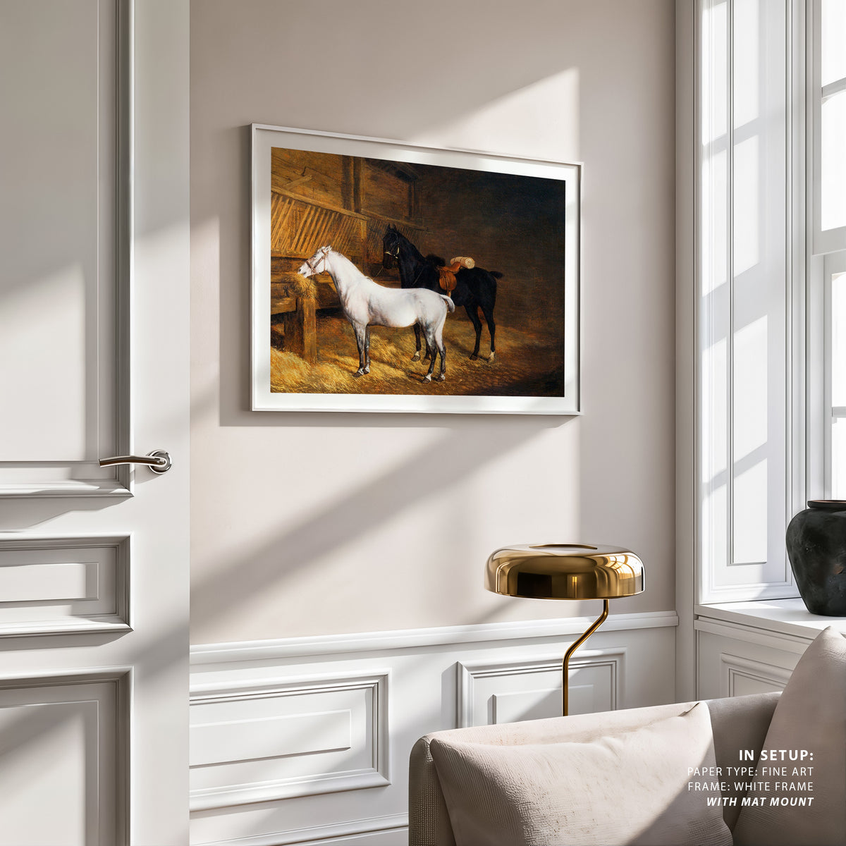 A Grey Pony and a Black Charger by Jacques Agasse, Animal Painting