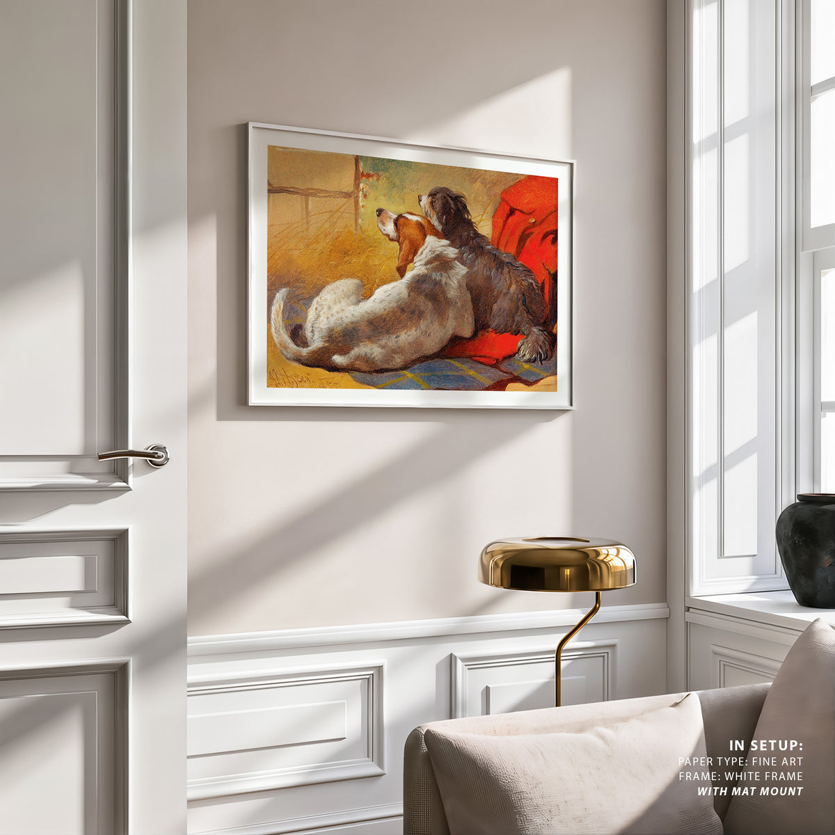 A Hound and a Bearded Collie seated on a Hunting Coat, Animal Painting