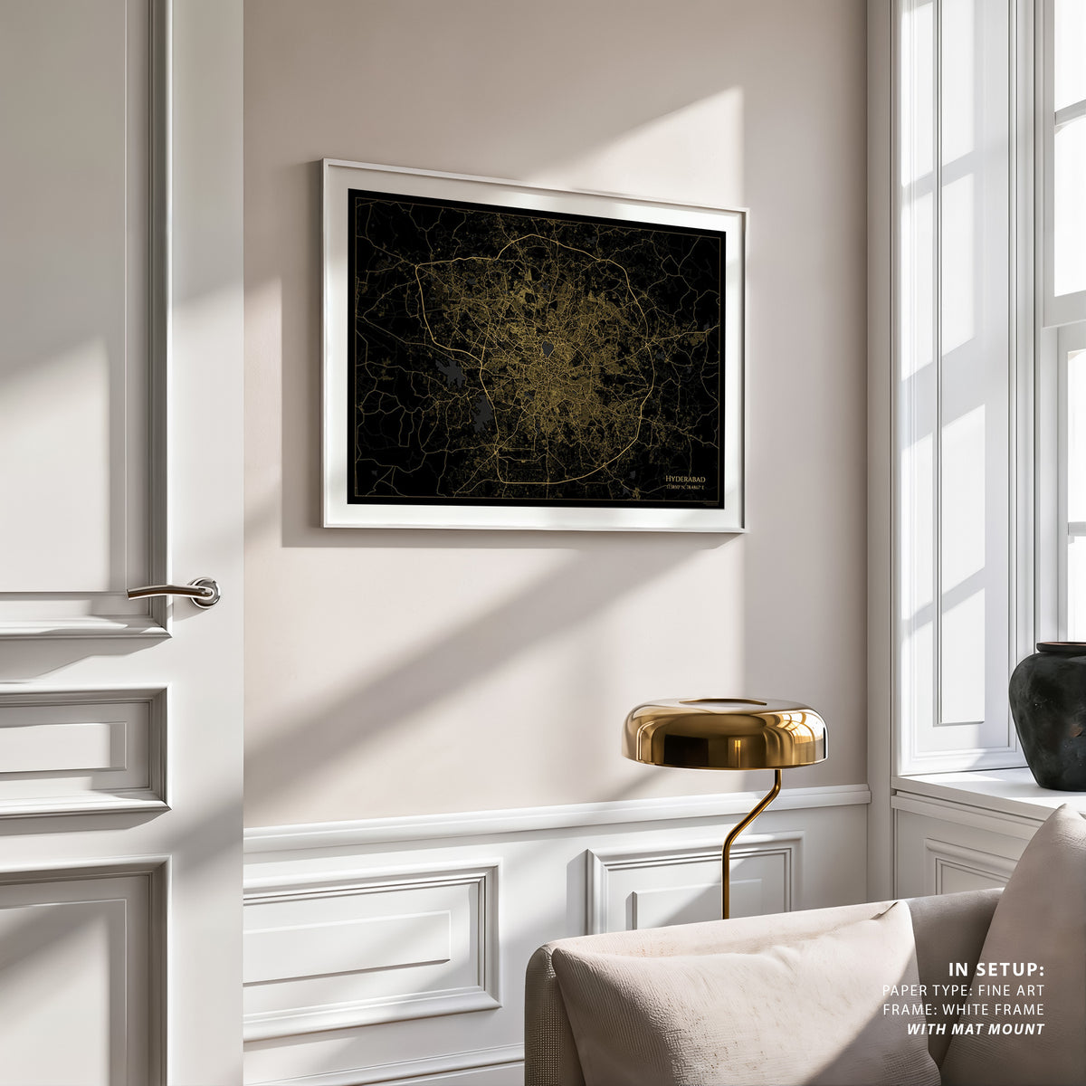 Hyderabad Map Gold and Black Map, Wall Art Prints