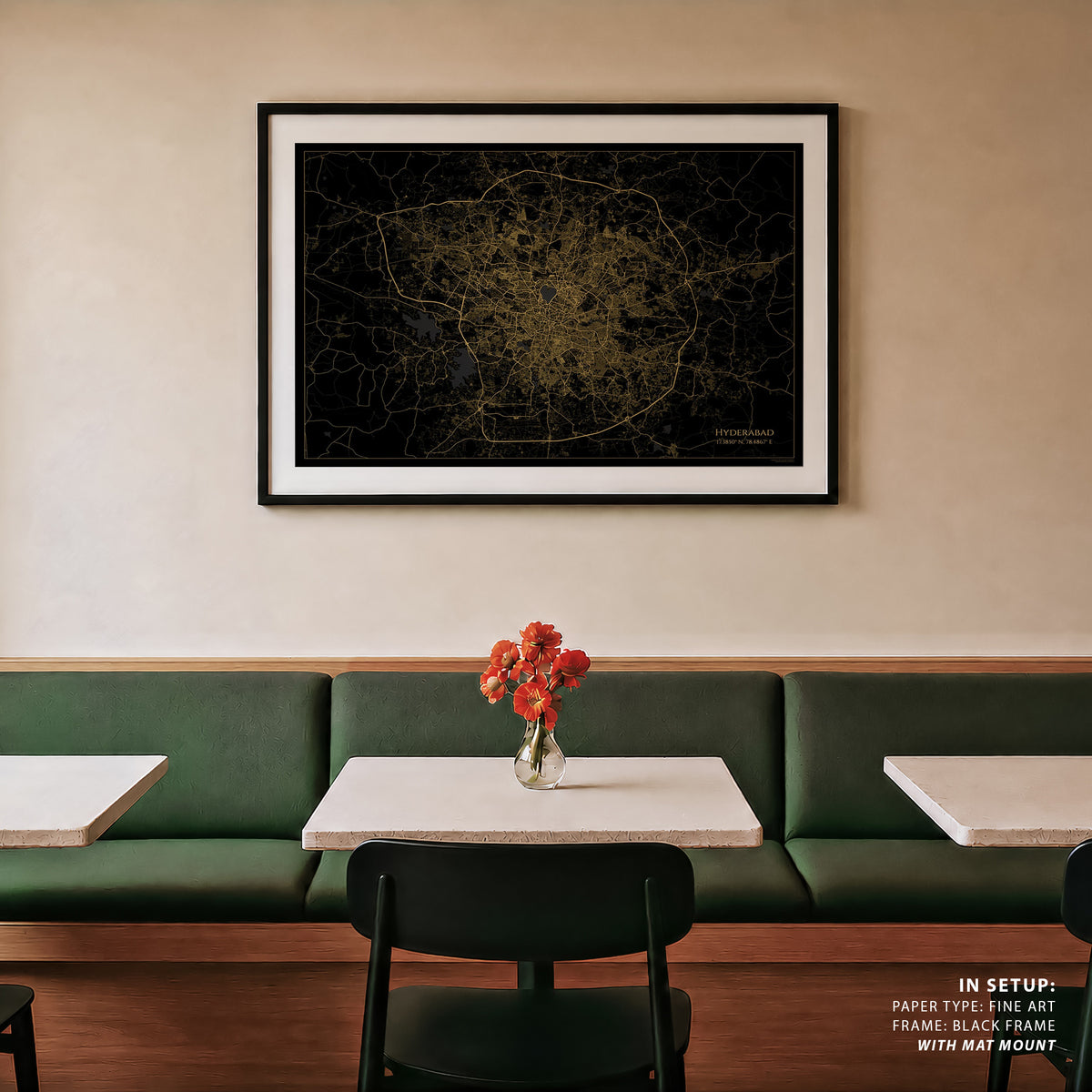 Hyderabad Map Gold and Black Map, Wall Art Prints