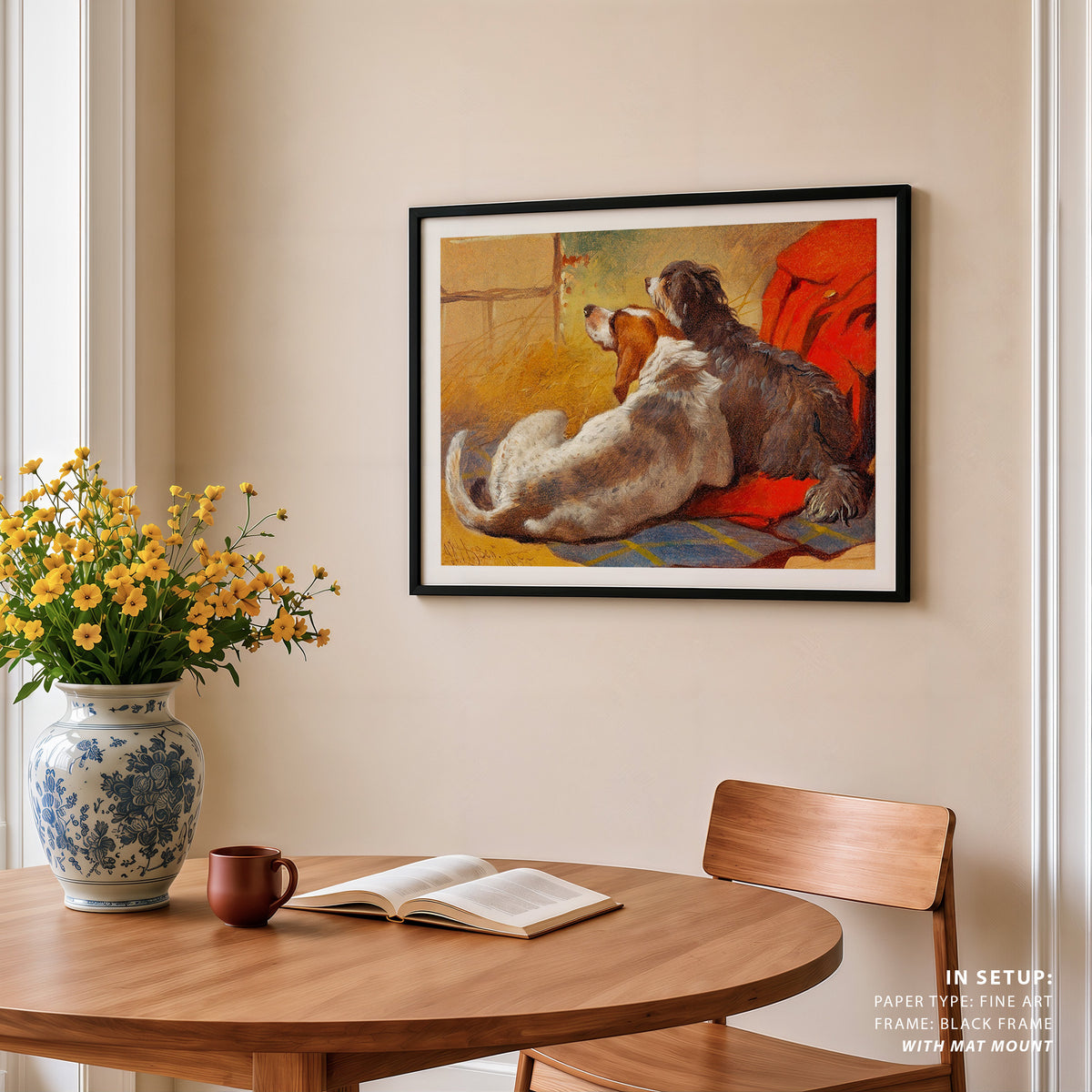 A Hound and a Bearded Collie seated on a Hunting Coat, Animal Painting