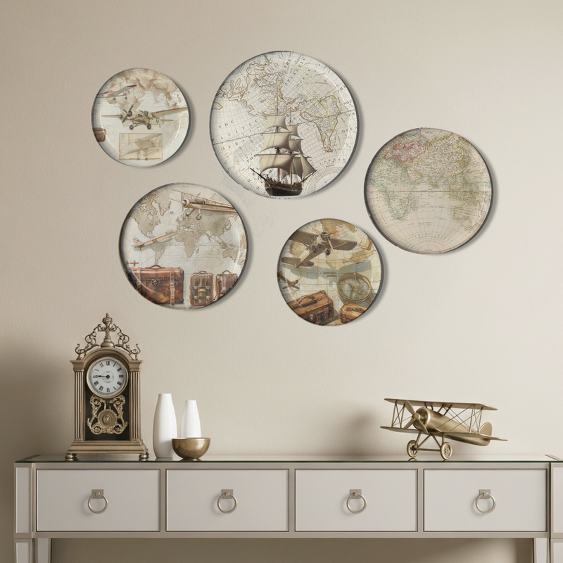 Vintage Antique Travel Wall Decor Plate, Set of 5, Art Plate Set