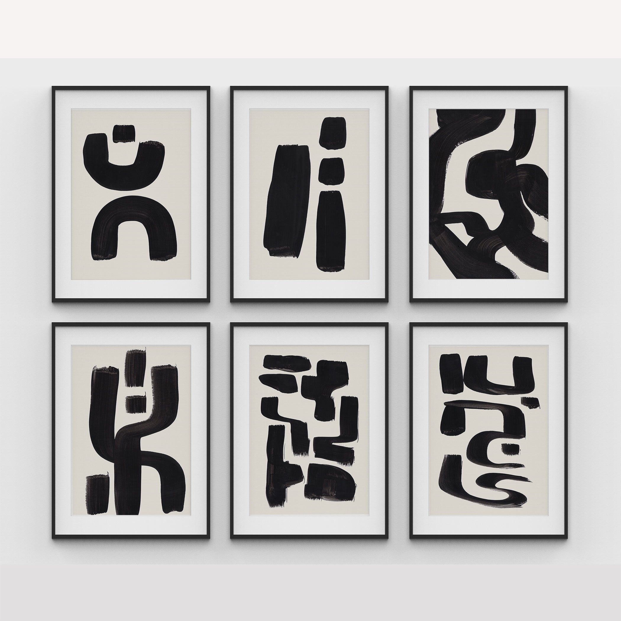 Bw Shapes Abstract Art Set of 6, Abstract BW Art Shapes Paintings – Dessine Art