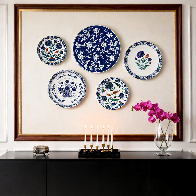 Indigo Bloom Blue Pottery Wall Decor Plate, Set of 5, Art Plate Set