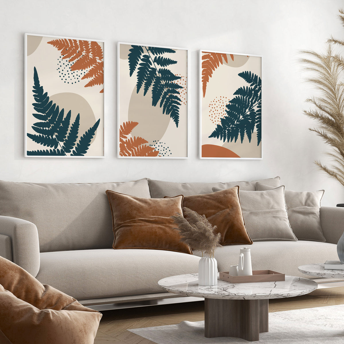 Abstract Botanical Plant and Leaves, Set of 3, Set of Three Paintings