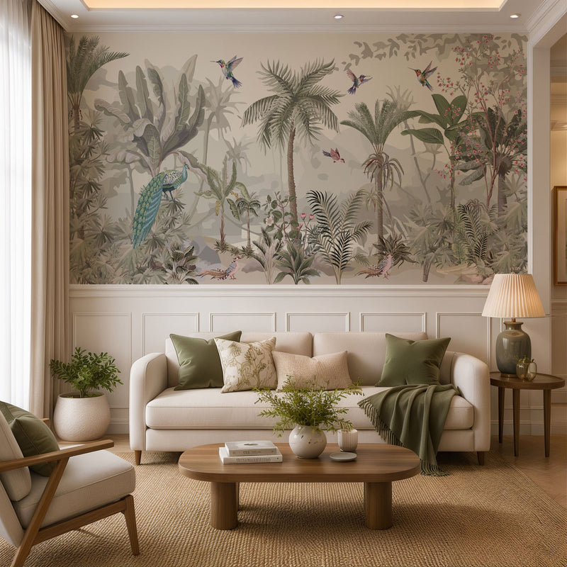 Tropical Paradise Aviary Botanical Wallpaper