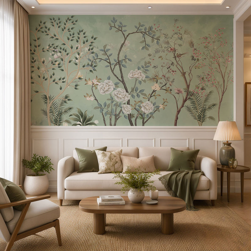Mint Peony Garden Botanical Wallpaper