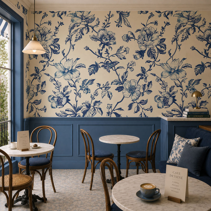 Jardin en Bleu Wallpaper, European Wallpaper
