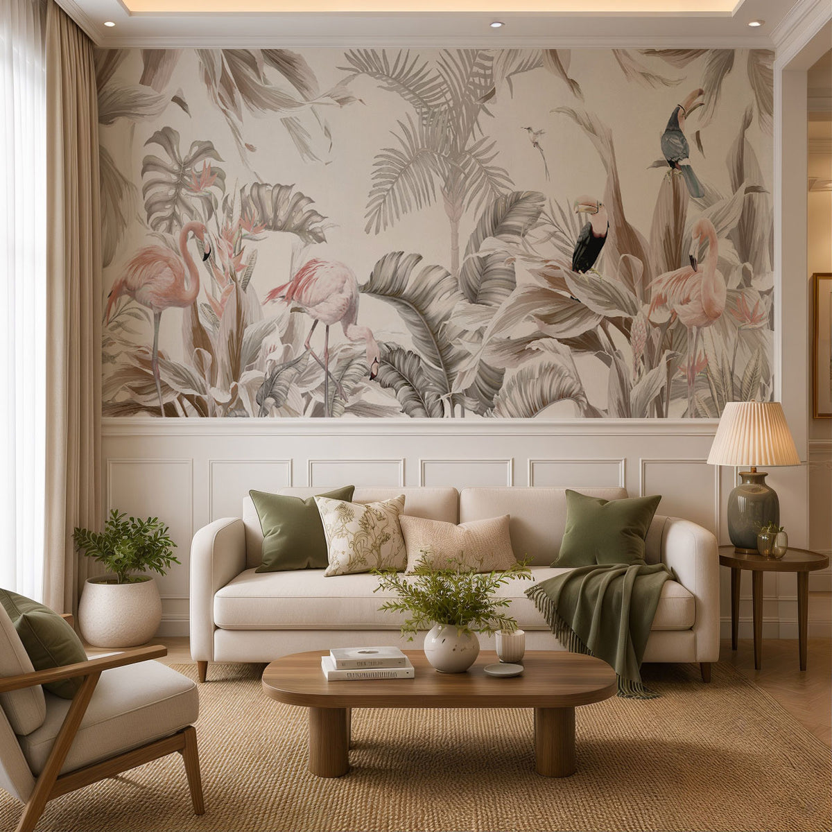 Tropical Flamingo Haven Botanical Wallpaper