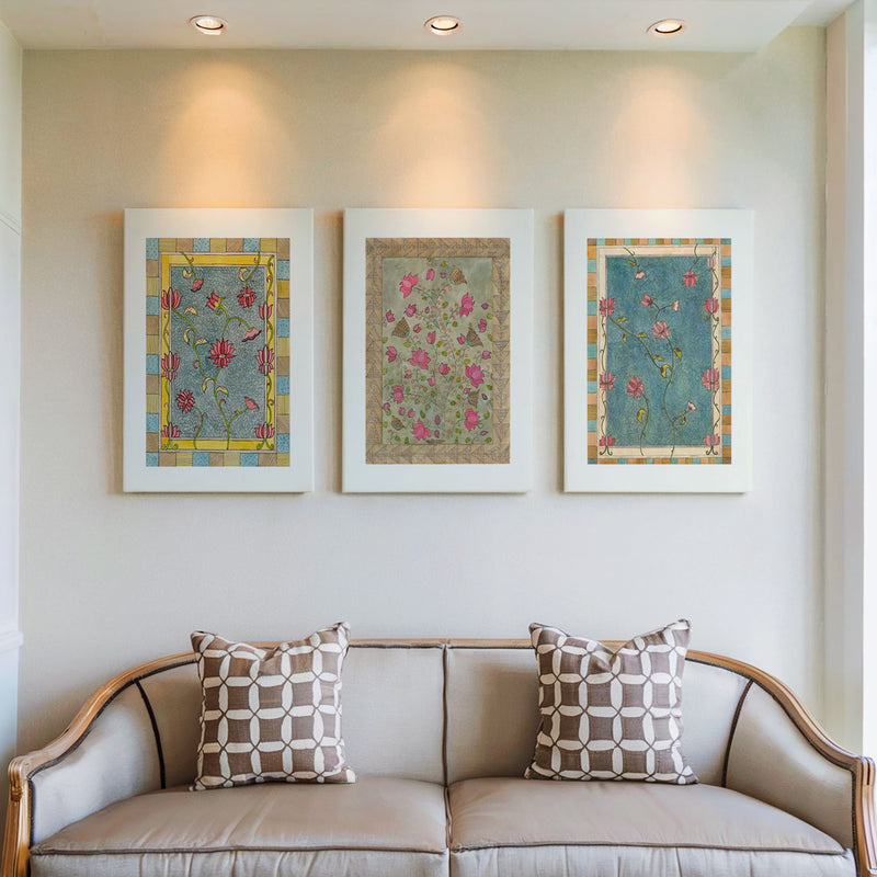 Madhubani Floral Motifs Wall Art Set of 3 Home Decor Painting.