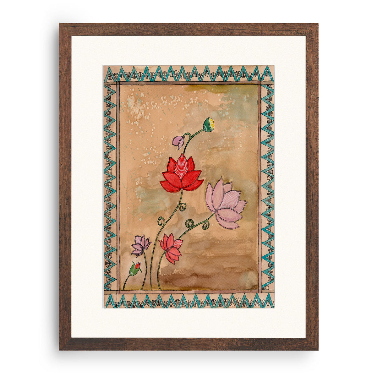 Madhubani Vintage Pinkred lotus Art : Buy Madhubani Paintings & Art ...