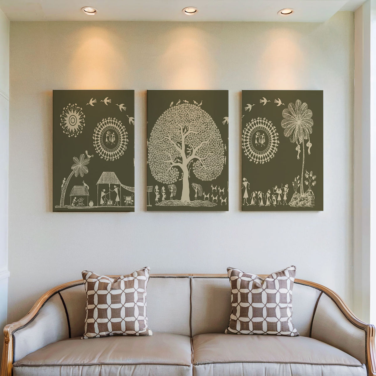 Set of 3 Traditional Warli Art Paintings Indian Wall Decor.