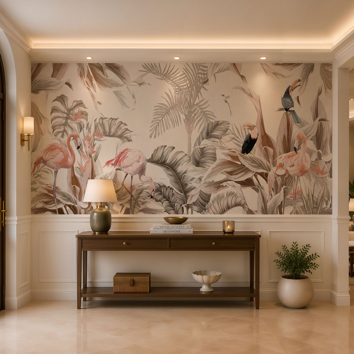 Tropical Flamingo Haven Botanical Wallpaper