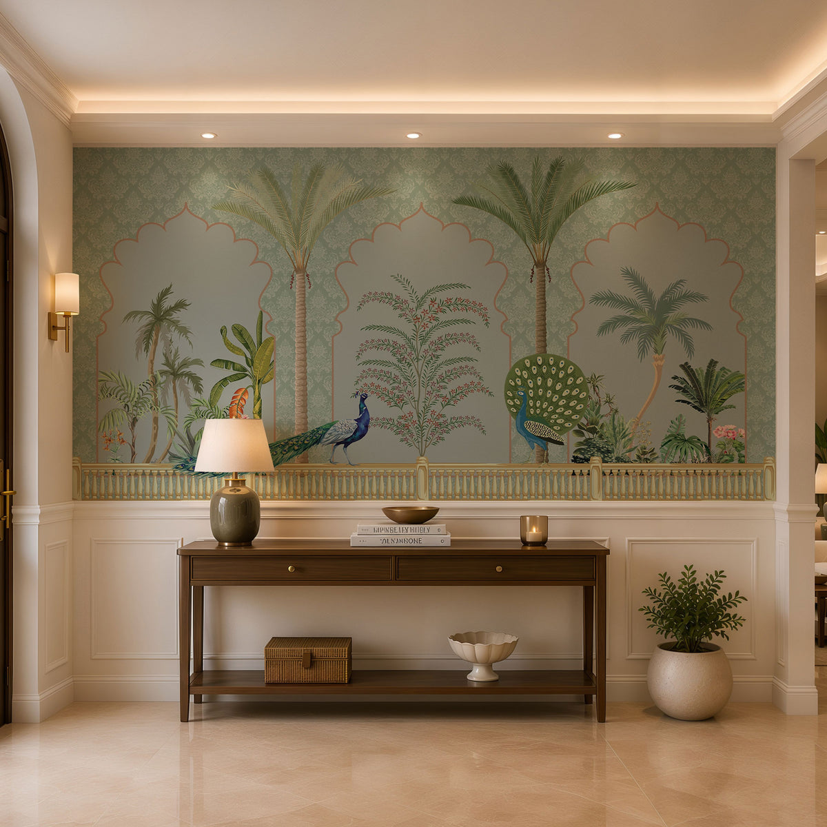 Peacock Courtyard Botanical Wallpaper