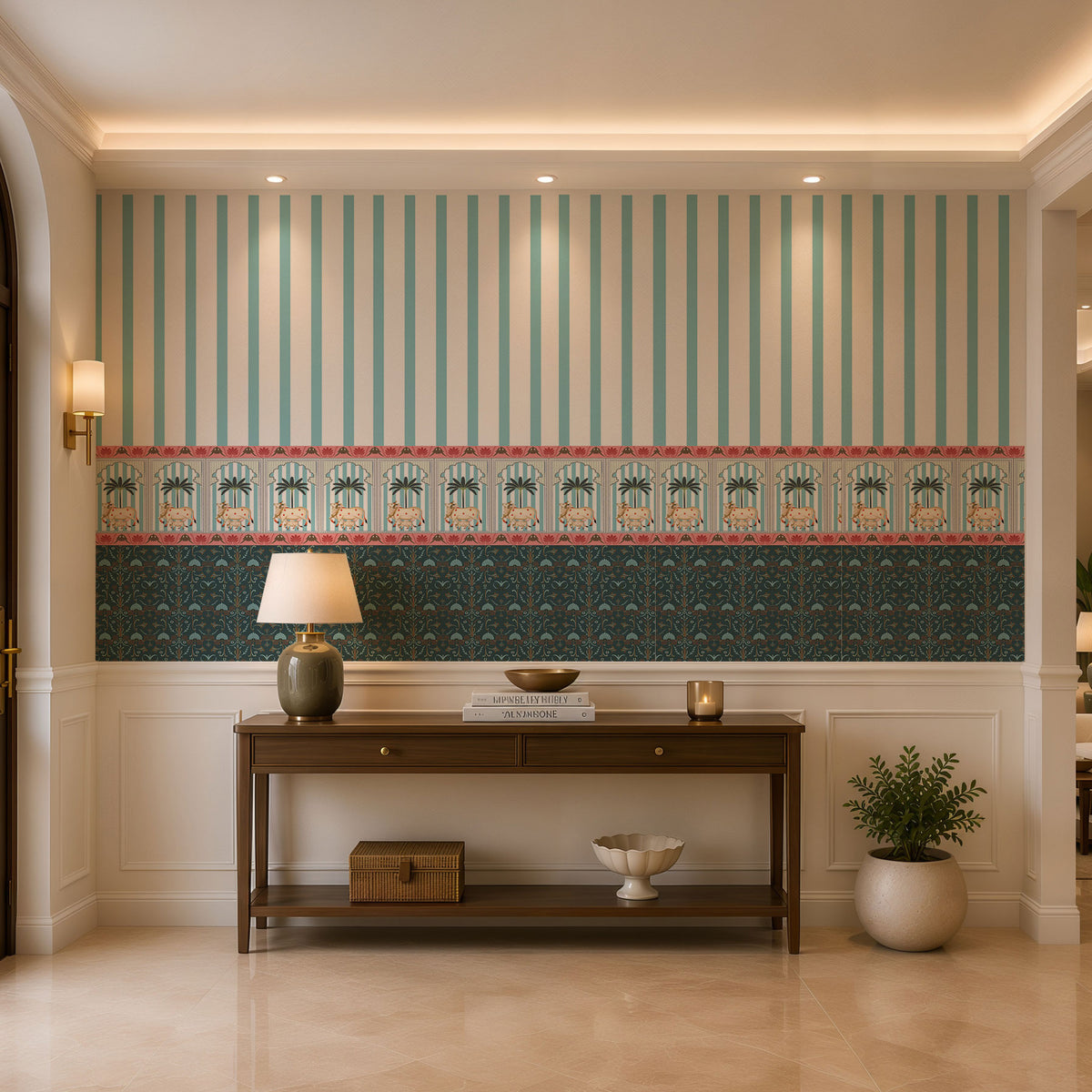 Pichwai Cow Stripes Floral Wallpaper