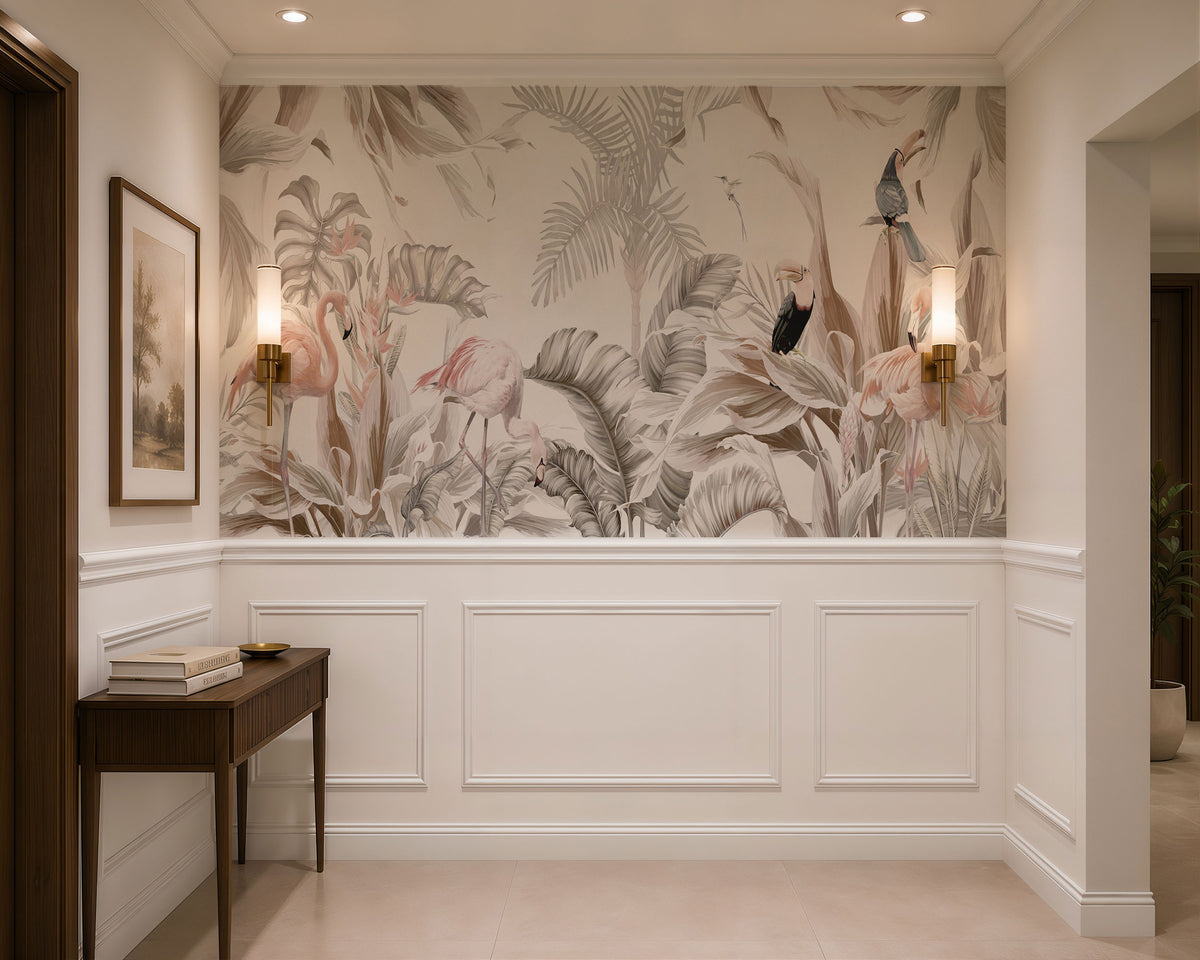Tropical Flamingo Haven Botanical Wallpaper