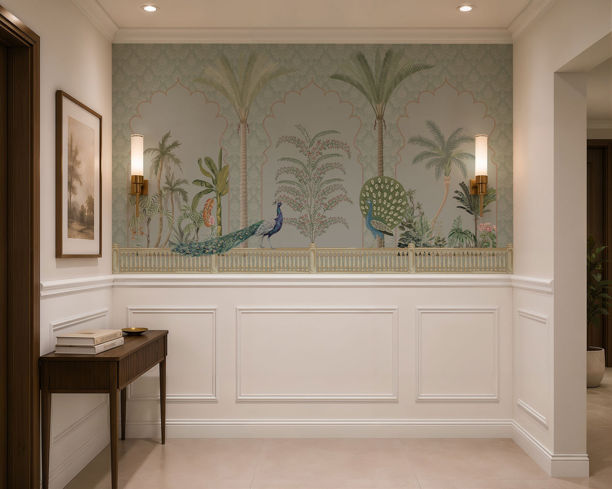 Peacock Courtyard Botanical Wallpaper