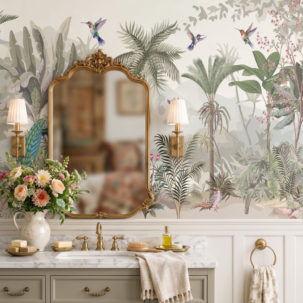 Tropical Paradise Aviary Botanical Wallpaper