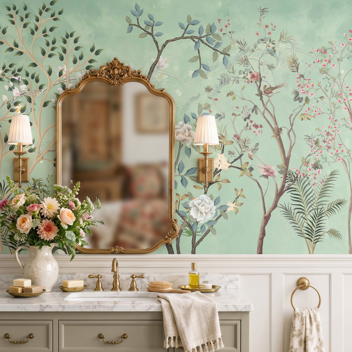 Mint Peony Garden Botanical Wallpaper