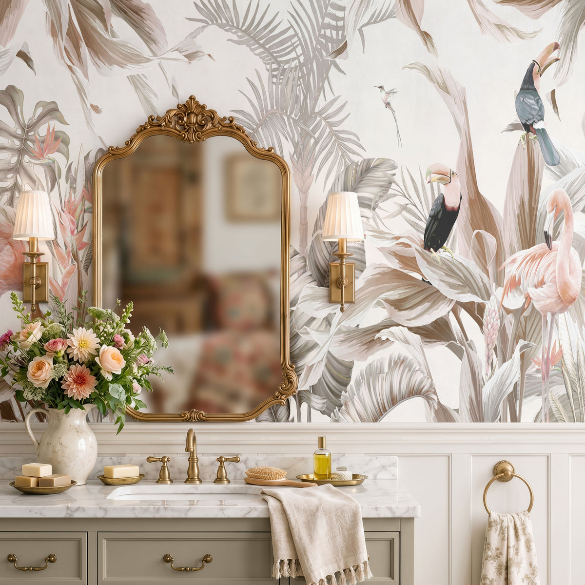 Tropical Flamingo Haven Botanical Wallpaper