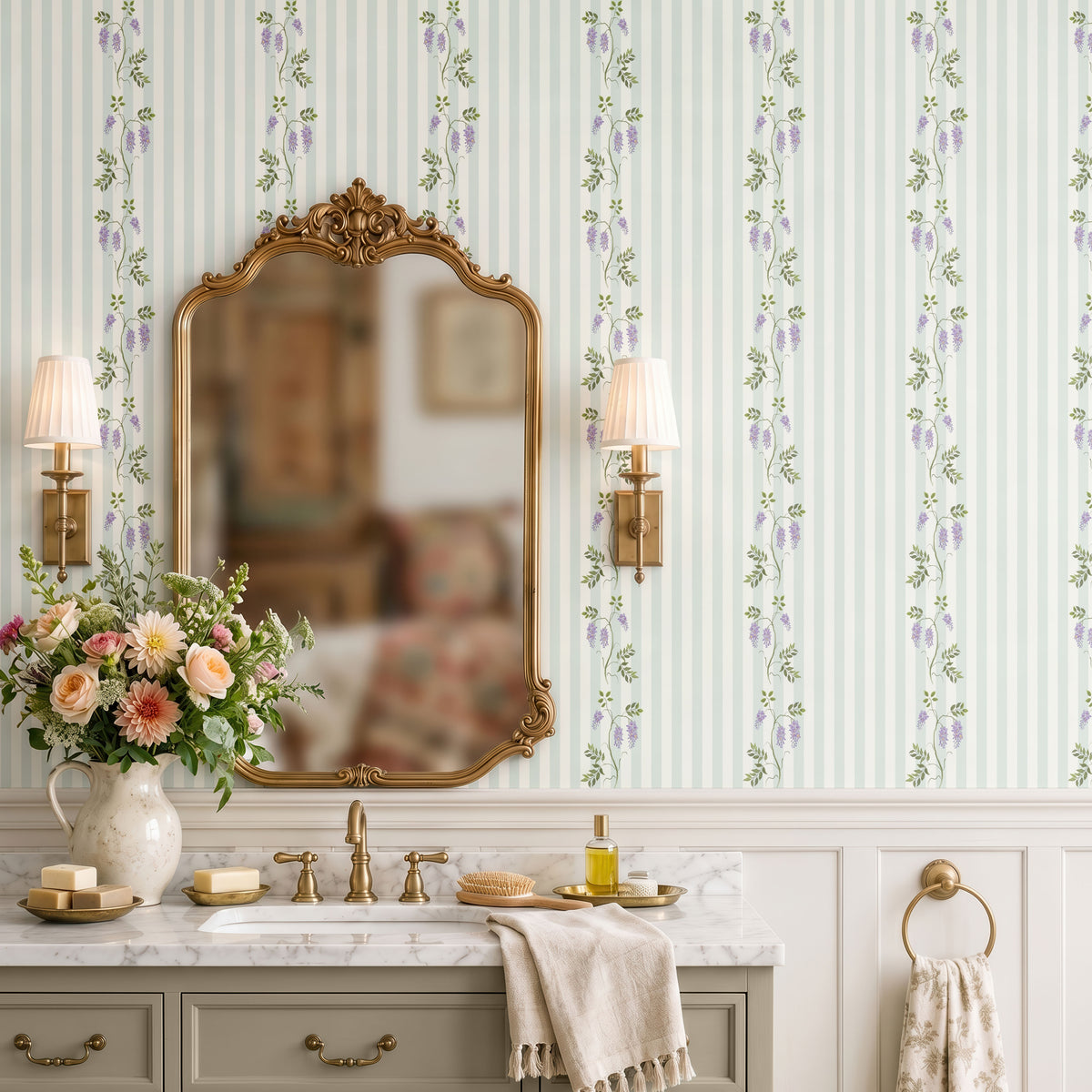 Wisteria Stripes Floral Wallpaper