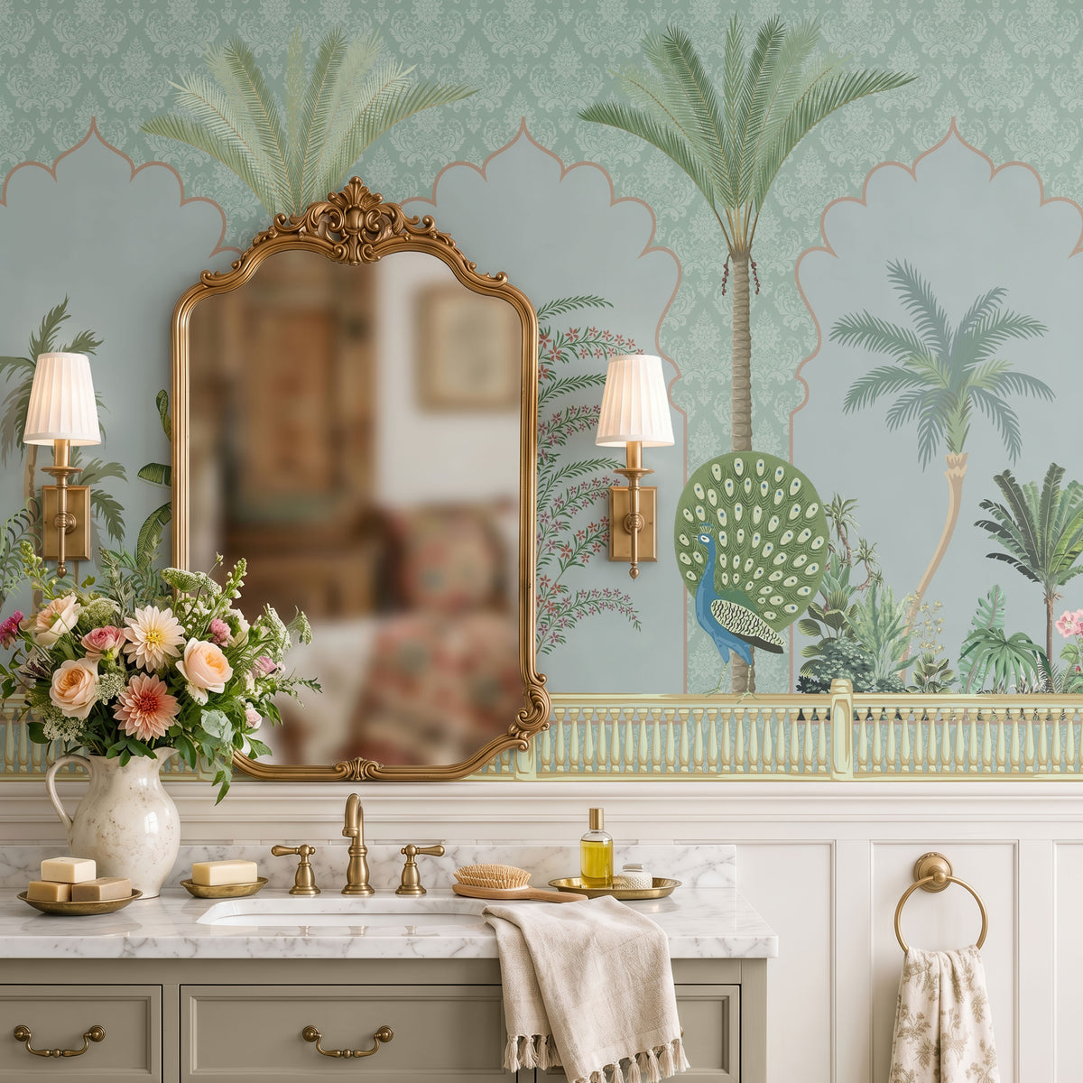 Peacock Courtyard Botanical Wallpaper