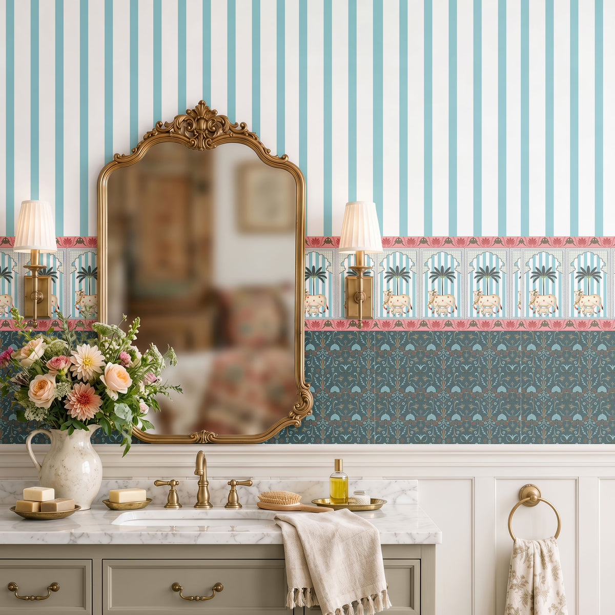 Pichwai Cow Stripes Floral Wallpaper