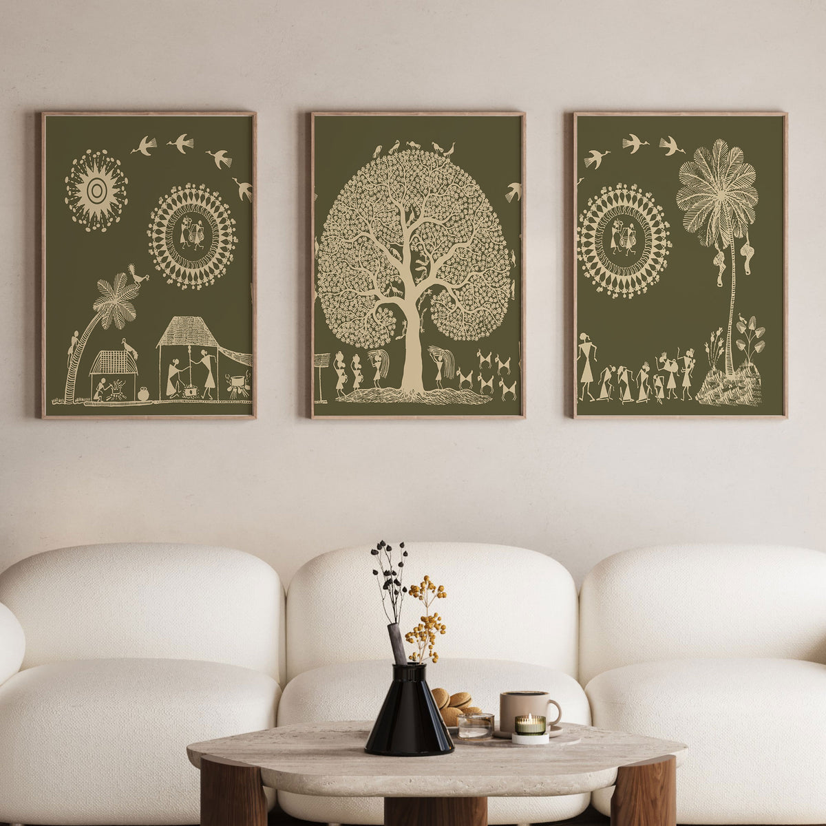Set of 3 Traditional Warli Art Paintings Indian Wall Decor.