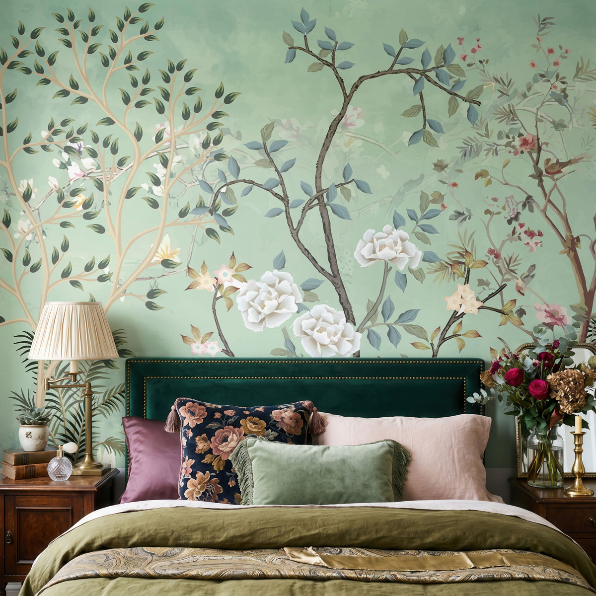 Mint Peony Garden Botanical Wallpaper