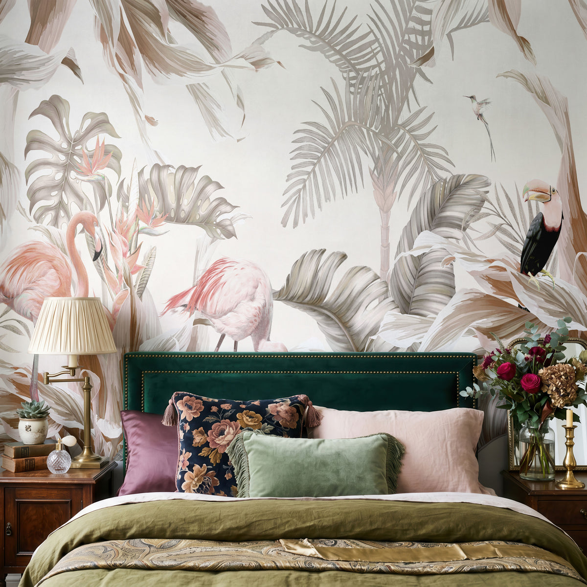 Tropical Flamingo Haven Botanical Wallpaper