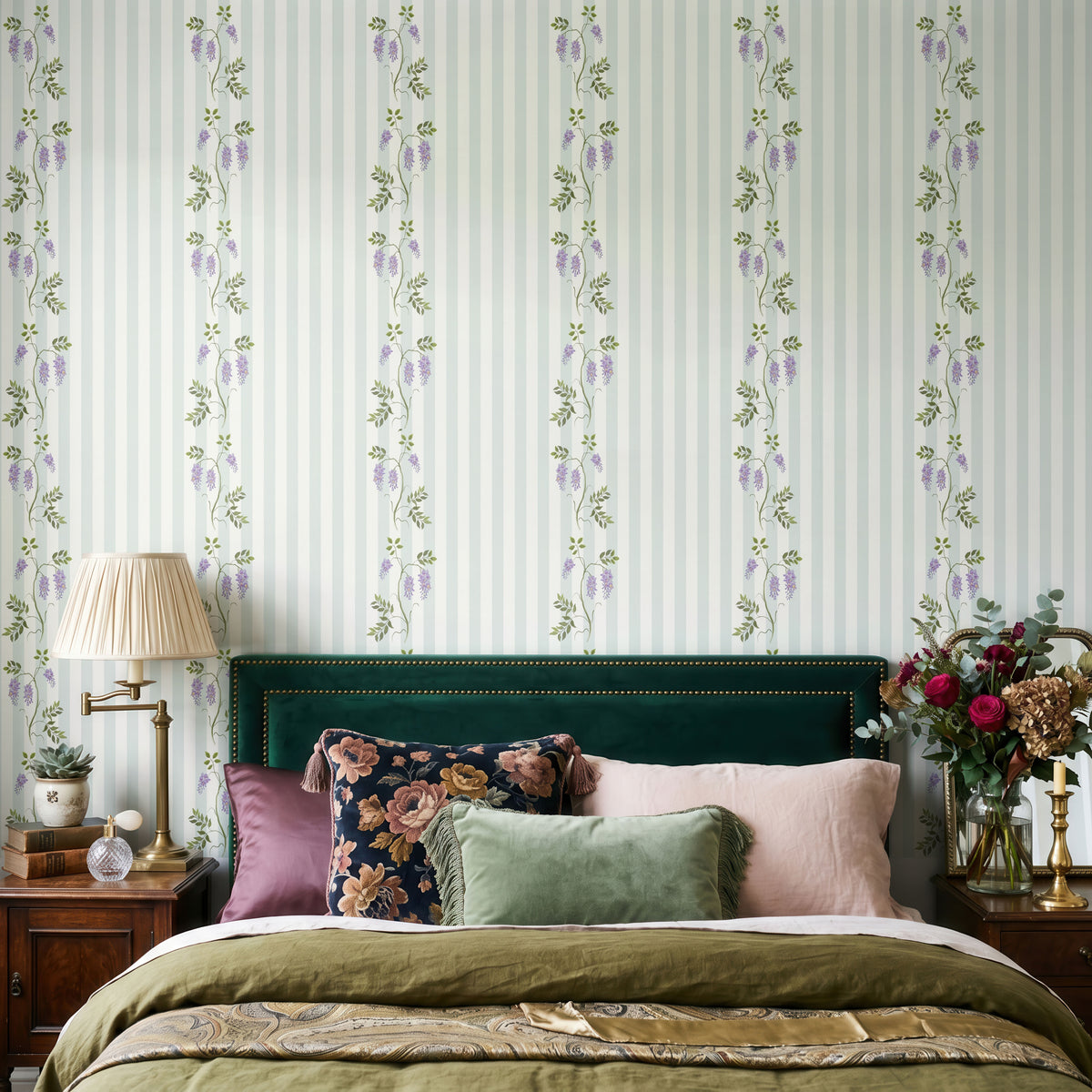 Wisteria Stripes Floral Wallpaper