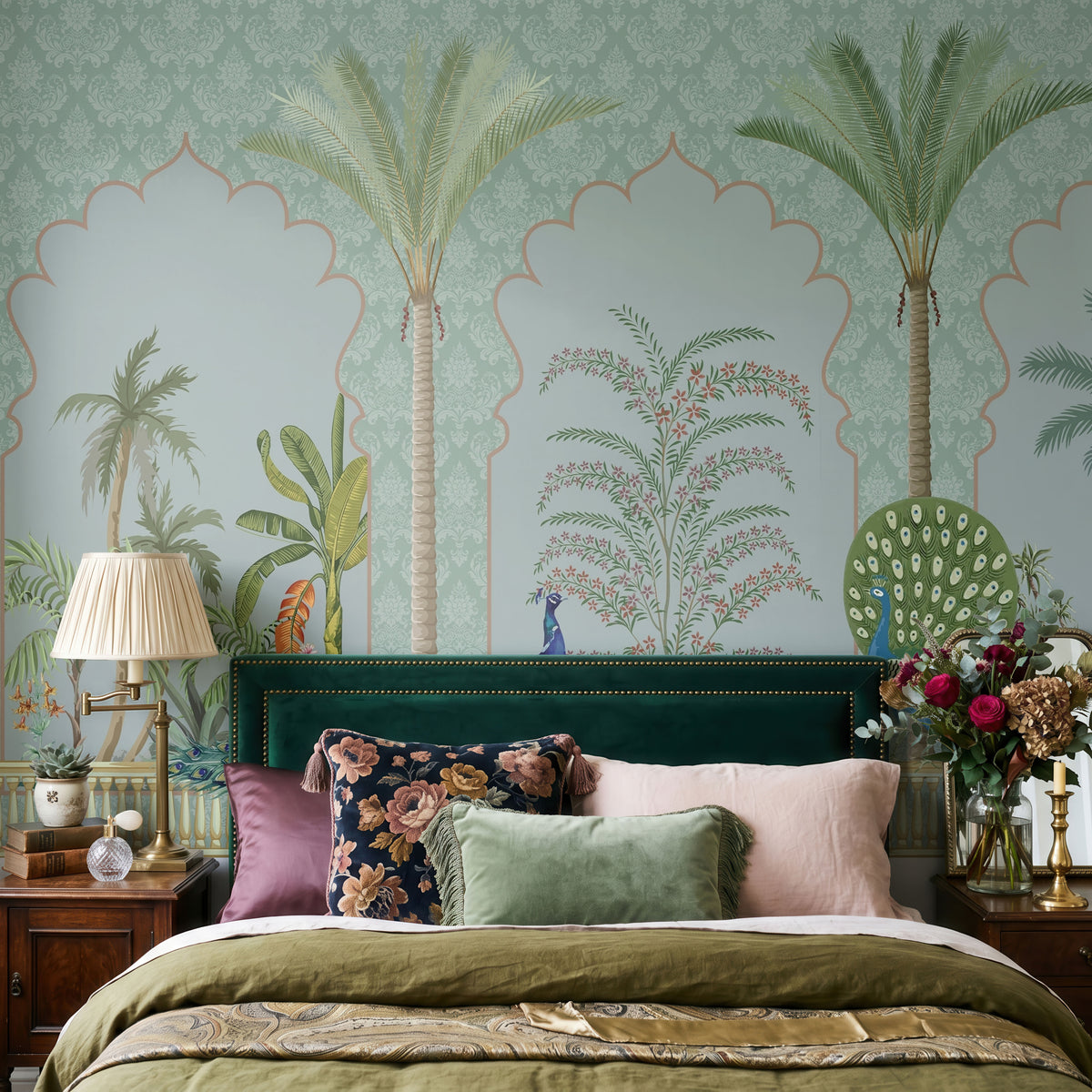 Peacock Courtyard Botanical Wallpaper