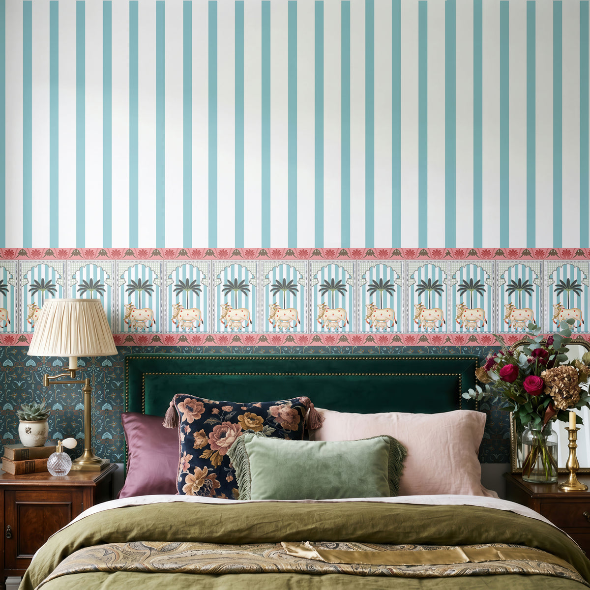 Pichwai Cow Stripes Floral Wallpaper