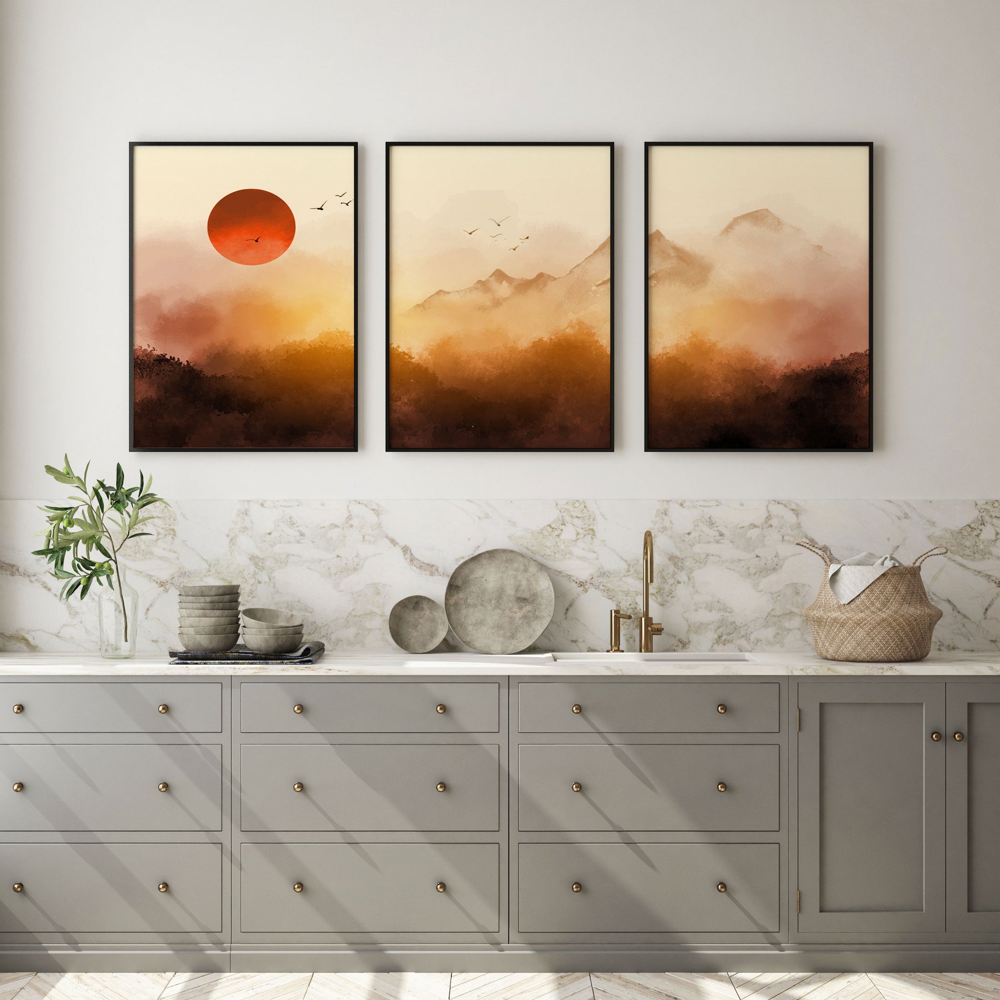 Set of 3 Sunrise Landscape with Mistry Forest Wall Art Paintings