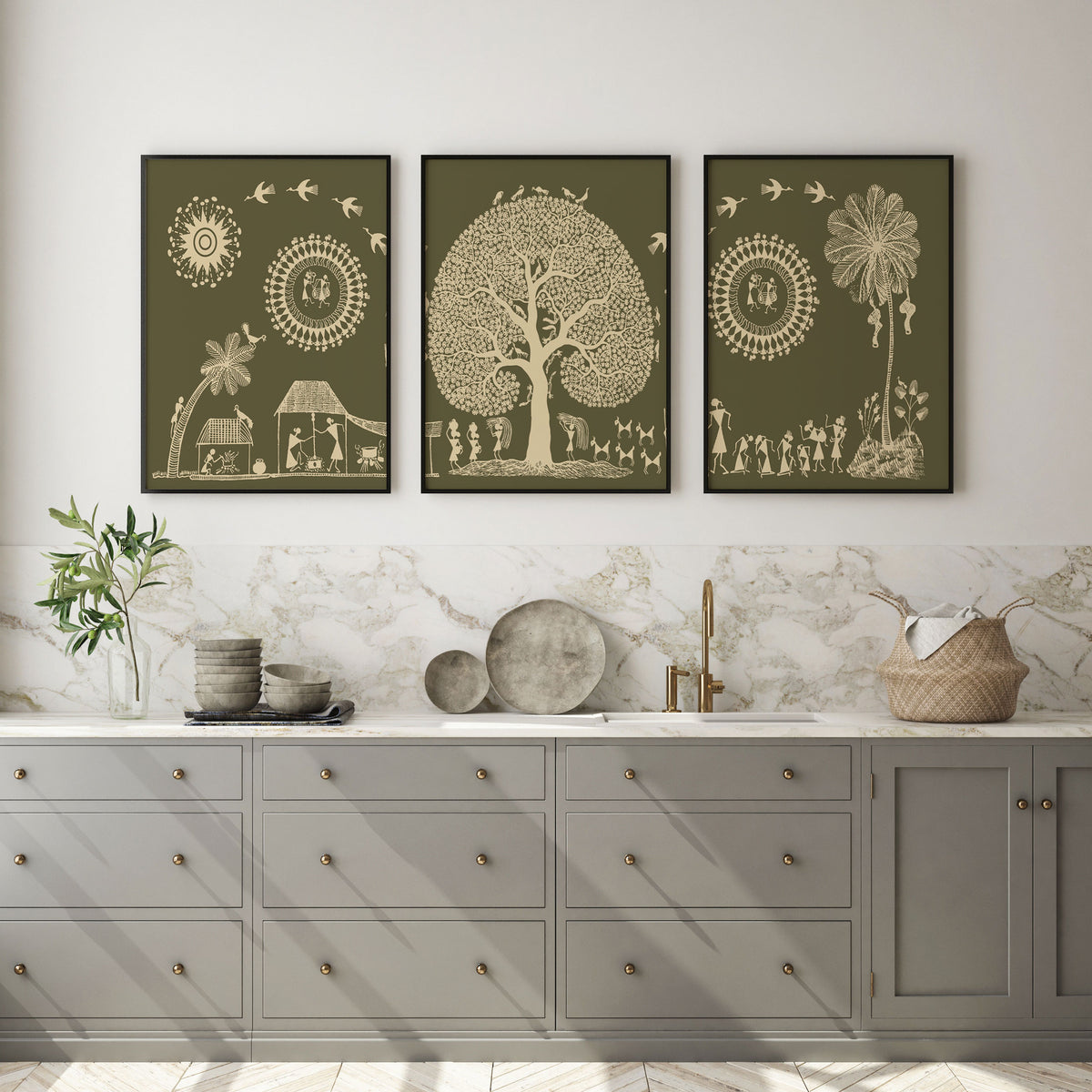 Set of 3 Traditional Warli Art Paintings Indian Wall Decor.