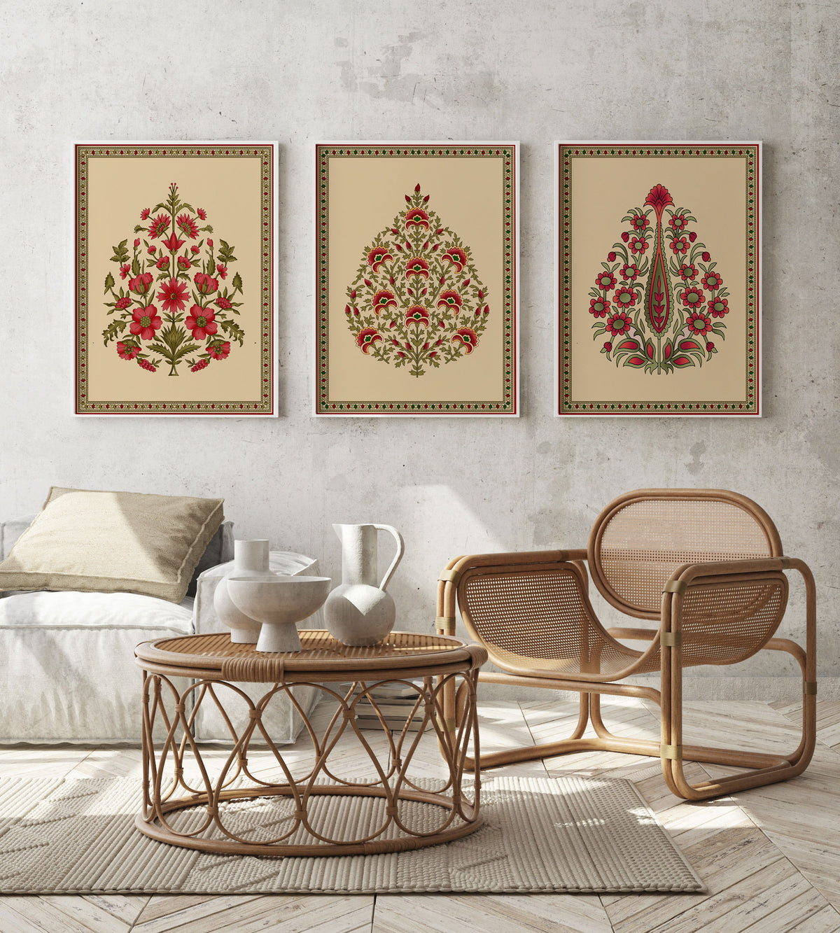 Set of 3 Seamless Mughal Motif Wall Art Paintings