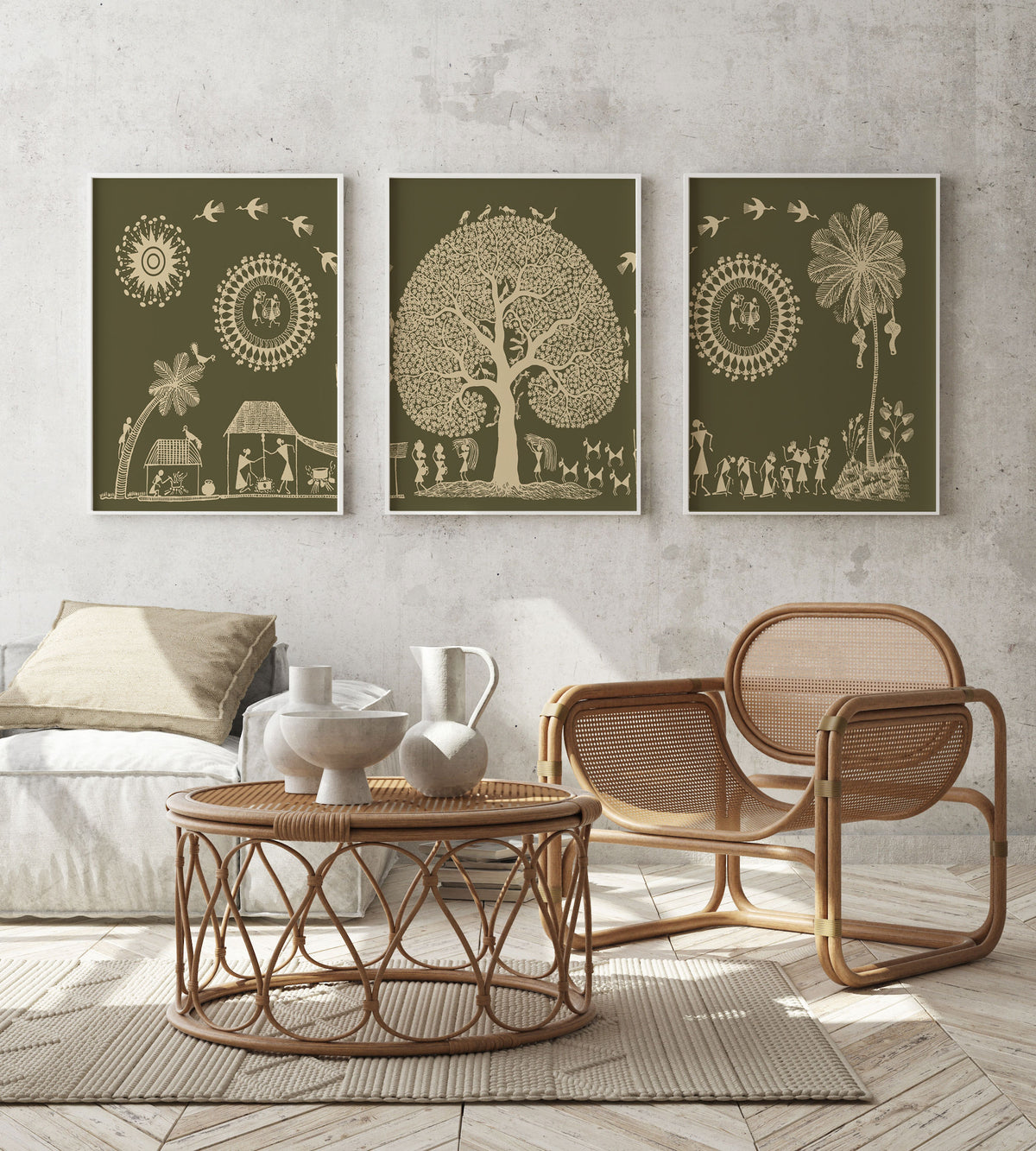 Set of 3 Traditional Warli Art Paintings Indian Wall Decor.
