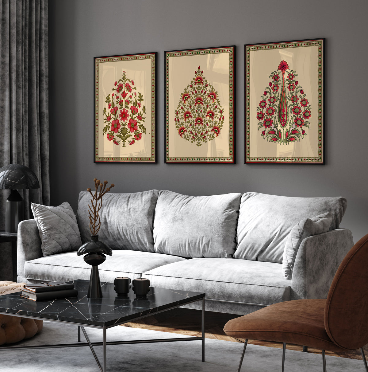 Set of 3 Seamless Mughal Motif Wall Art Paintings