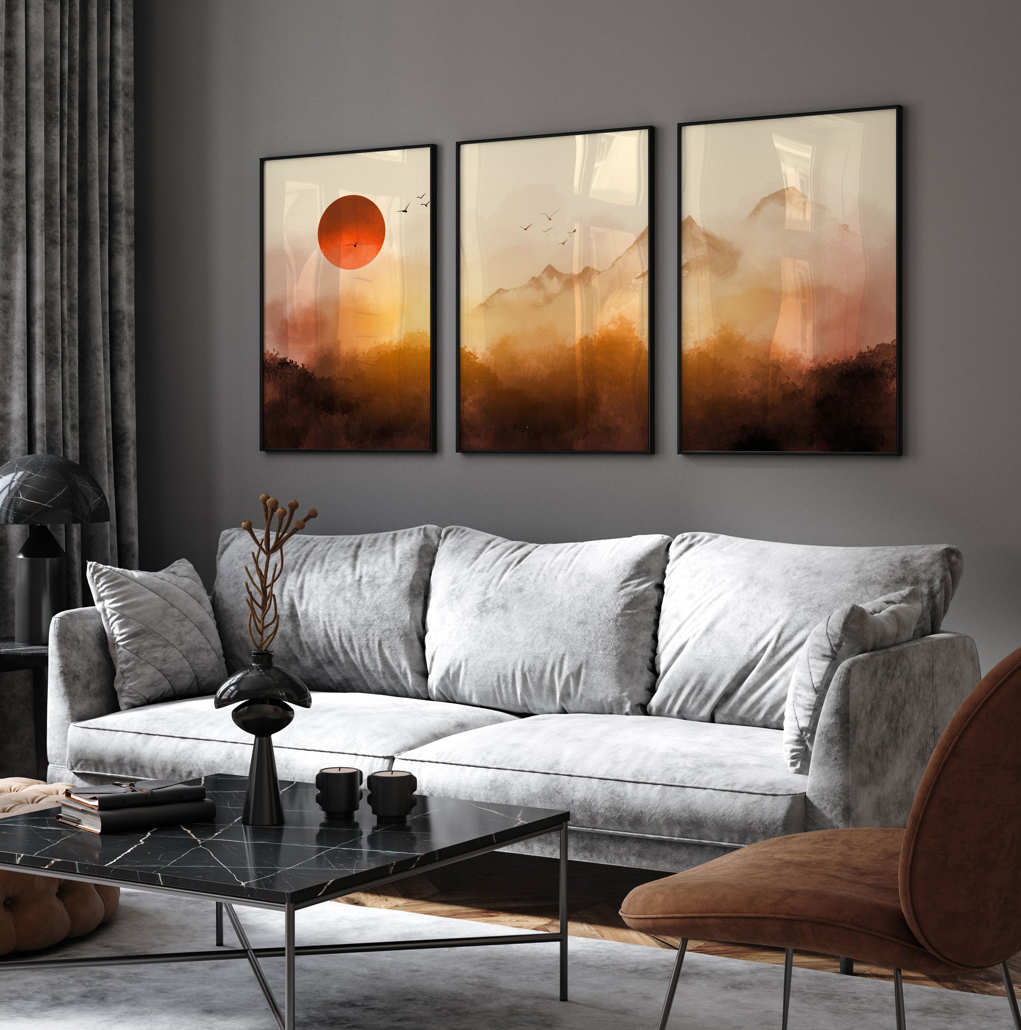 Set of 3 Sunrise Landscape with Mistry Forest Wall Art Paintings