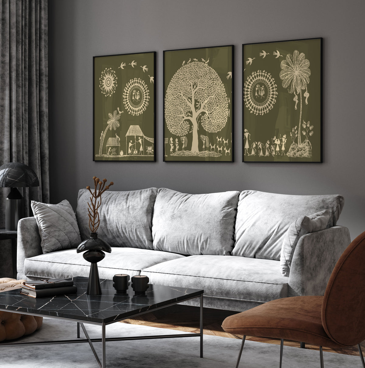 Set of 3 Traditional Warli Art Paintings Indian Wall Decor.