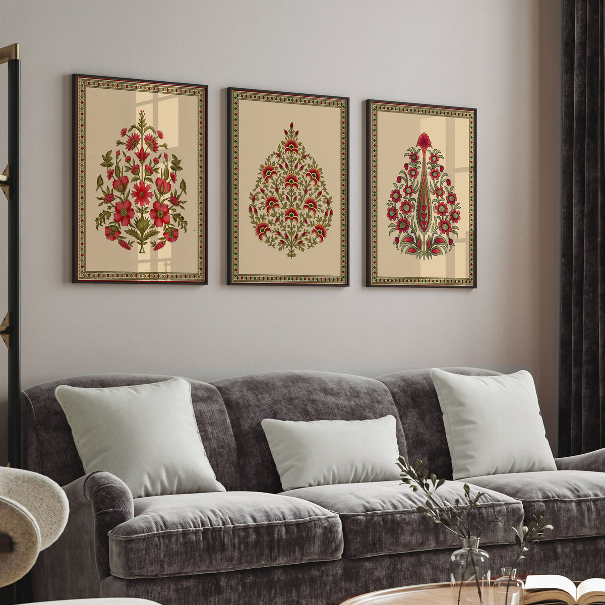 Set of 3 Seamless Mughal Motif Wall Art Paintings